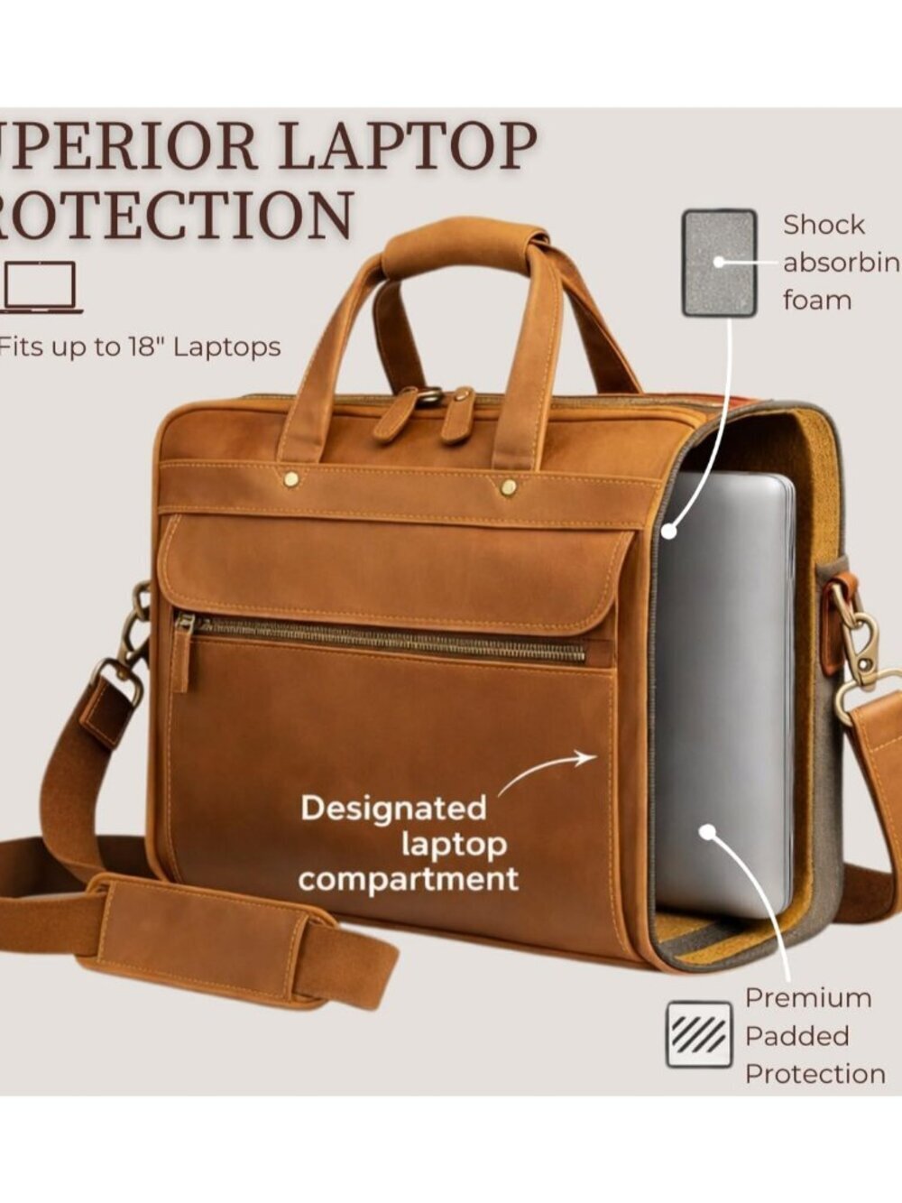 Men's Tan Genuine Leather Vintage Adjustable Strap Stylish Messenger Hand Bag - Picture 6 of 6